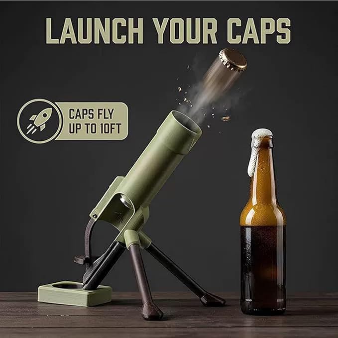 🚀 Military & Space Themed Launching Bottle Opener | Cannon Shaped Fun Beer Cap Launcher