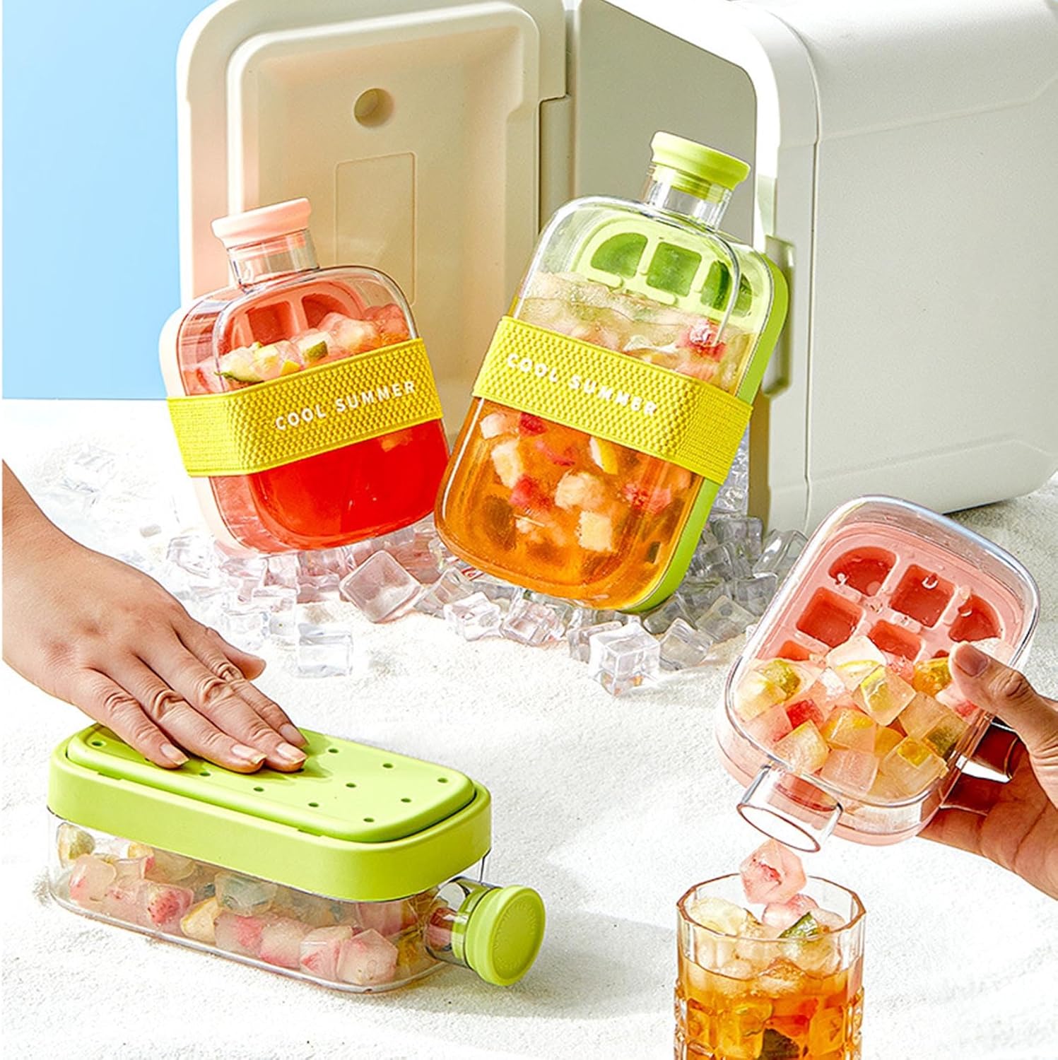 🧊 2-in-1 Ice Cube Water Bottle | No-Touch Ice Tray with Lid & Ice Storage Box, Silicone Press Ice Maker