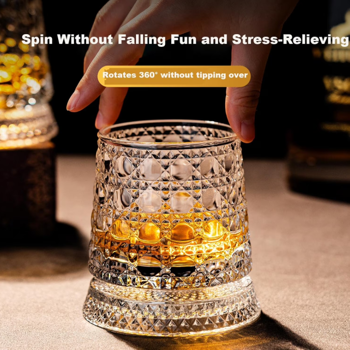 🥃 360° Rotating Crystal Whiskey Wine Glass With Stress Relief Function