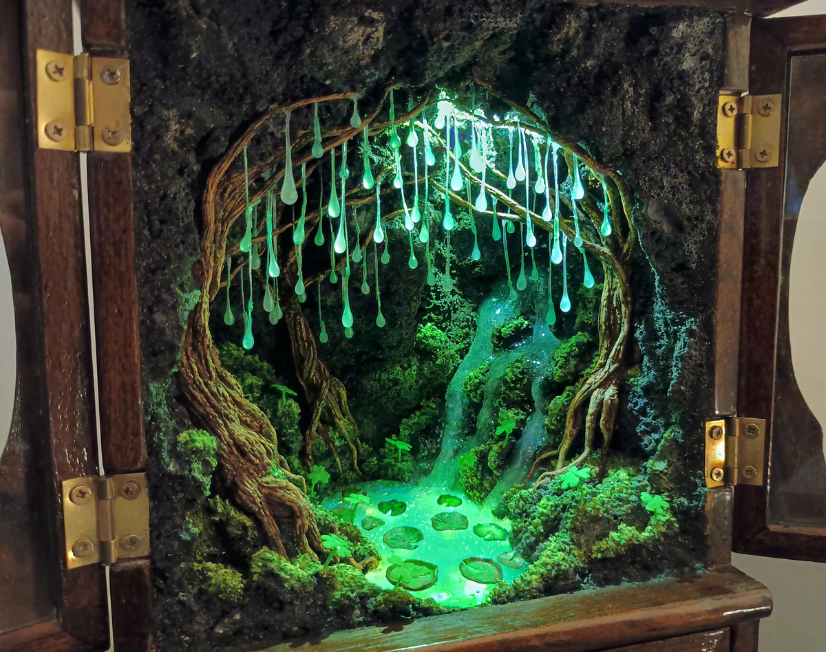 ✨ Glimmering Glade Music Box - Handcrafted Wooden Secret Cave Music Box with LED Lights & Epoxy Waterfall