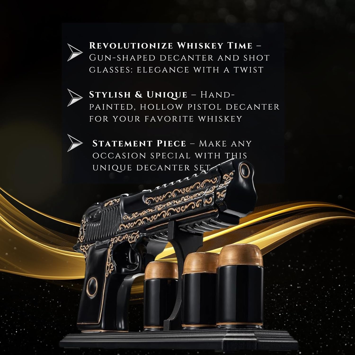 🔫🎁 Hand-Painted Gun Shaped Whiskey Decanter Set Black & Gold