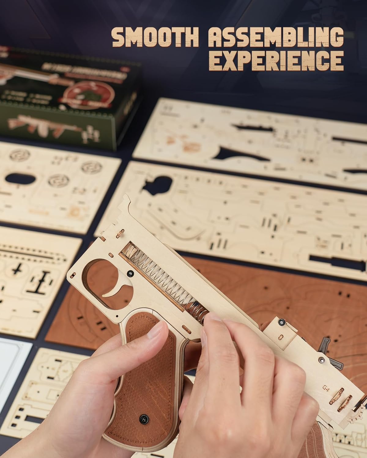 🔫 3D Wooden Puzzle Thompson Submachine Gun - Rubber Band Toy for Adults, Collectible Assembled Model