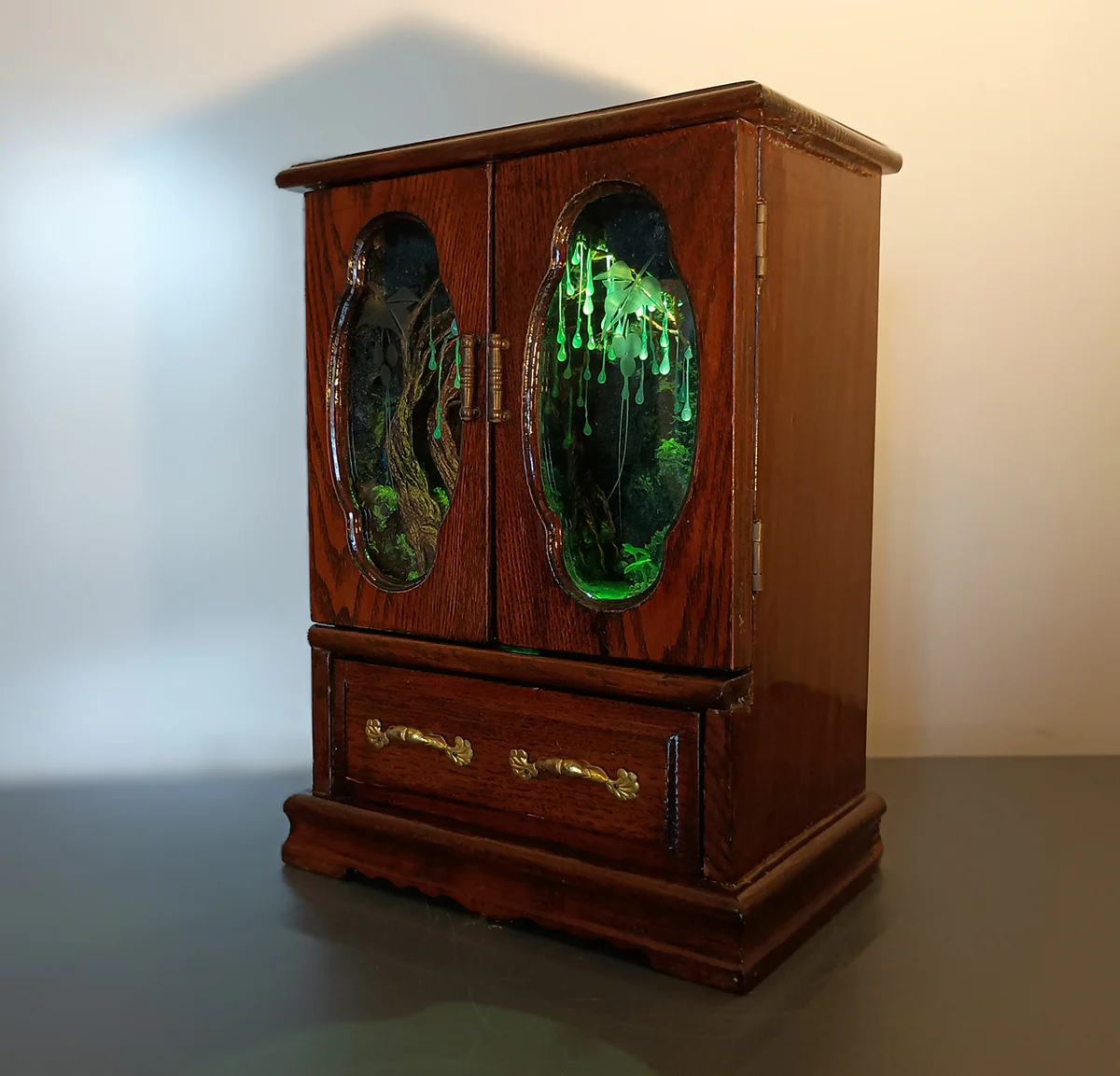 ✨ Glimmering Glade Music Box - Handcrafted Wooden Secret Cave Music Box with LED Lights & Epoxy Waterfall