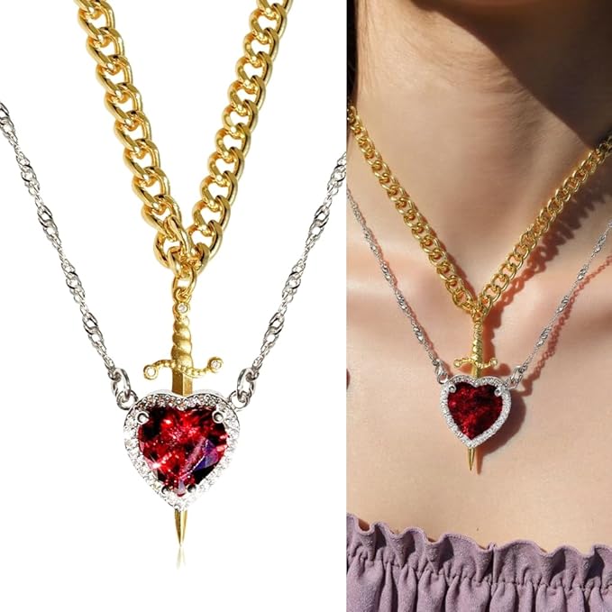 ❤️⚔️ Heart & Sword Necklace Set, 2-Piece Matching Jewelry