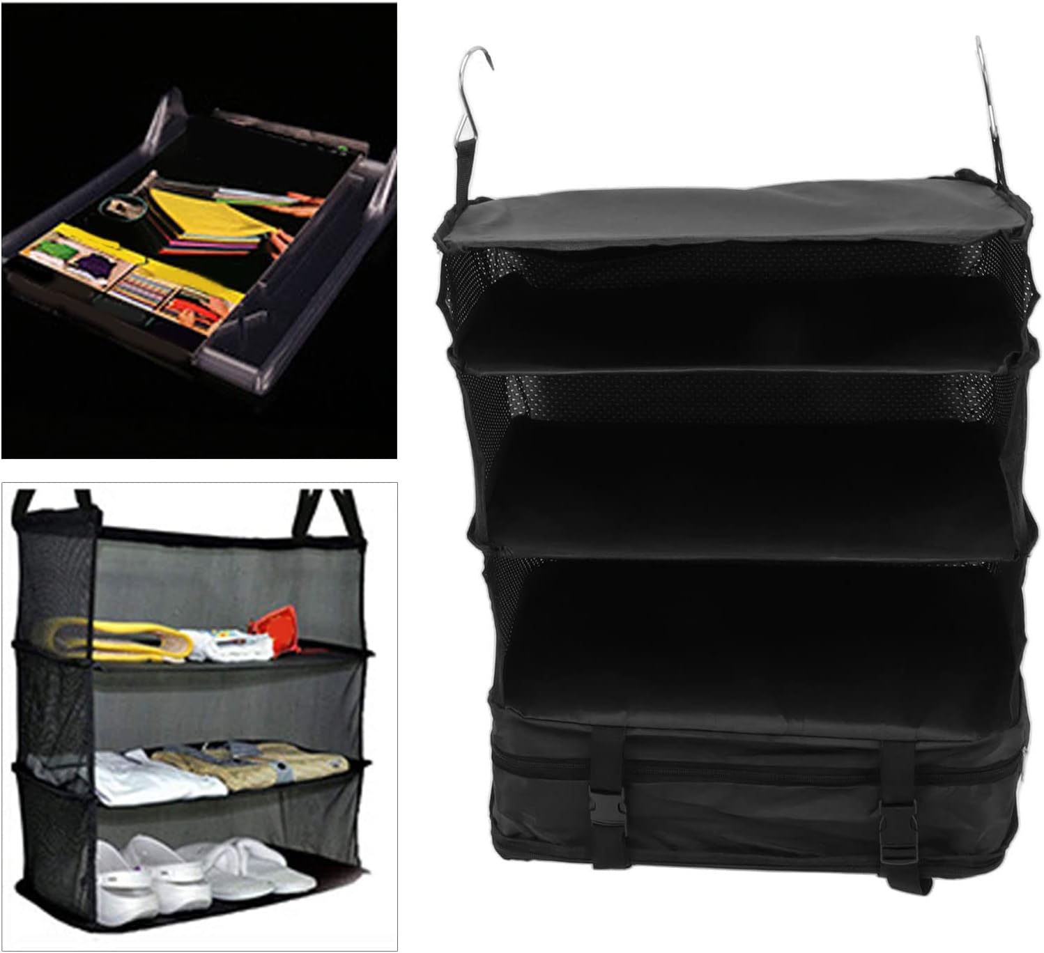 🧳🖤 Black Canvas 3-Tier Hanging Travel Storage Organizer Bag