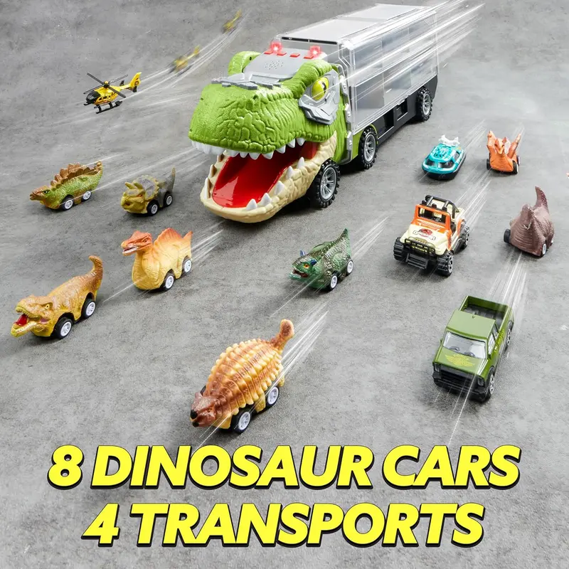 🦕 13-in-1 Dinosaur Transport Truck Set | 12 Pull Back Cars + 3 Alloy Cars for Boys 3+