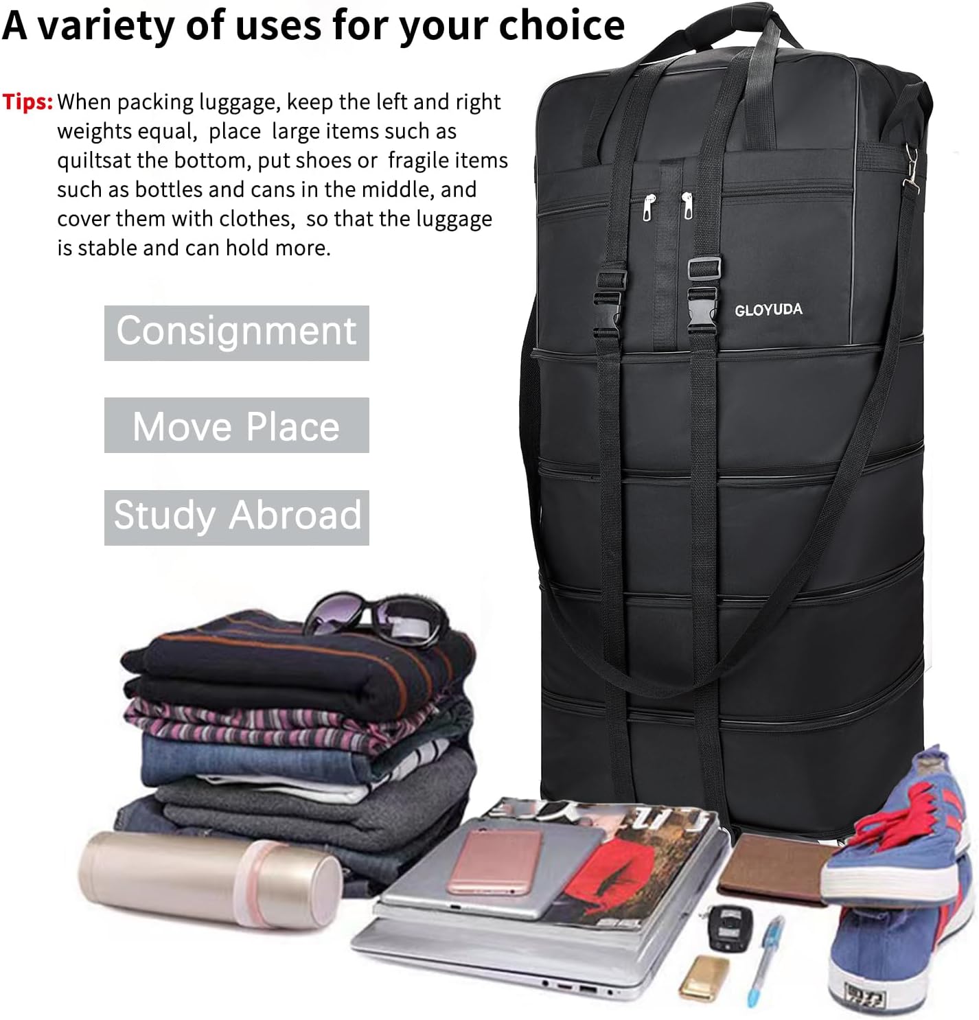 🧳 Expandable Foldable Rolling Luggage | 130L Oversized Wheeled Travel Duffle with Shoe Compartment