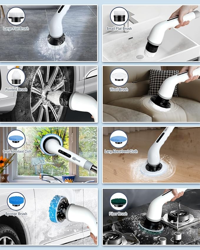 🧽 Electric Rotating Cleaning Brush | Wireless Cordless Scrubber with 9 Replaceable Heads & Adjustable Extension Handle