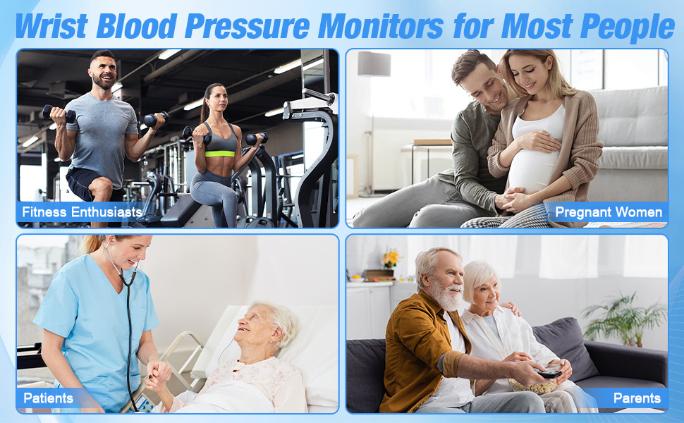 Text reads 'Wrist Blood Pressure Monitors for Most People'. Collage of images showing people using wrist blood pressure monitors in various settings.