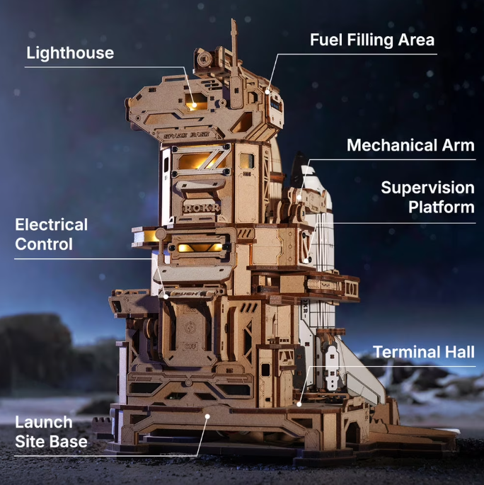 🚀 Space Shuttle 3D Wooden Puzzle - Mechanical Model with LED Lights & Launch Simulation