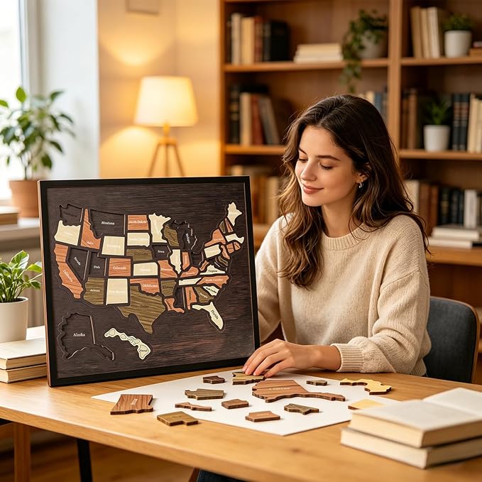 🗺️🌎 Wooden USA Travel Map Puzzle | US Journey Tracker Board