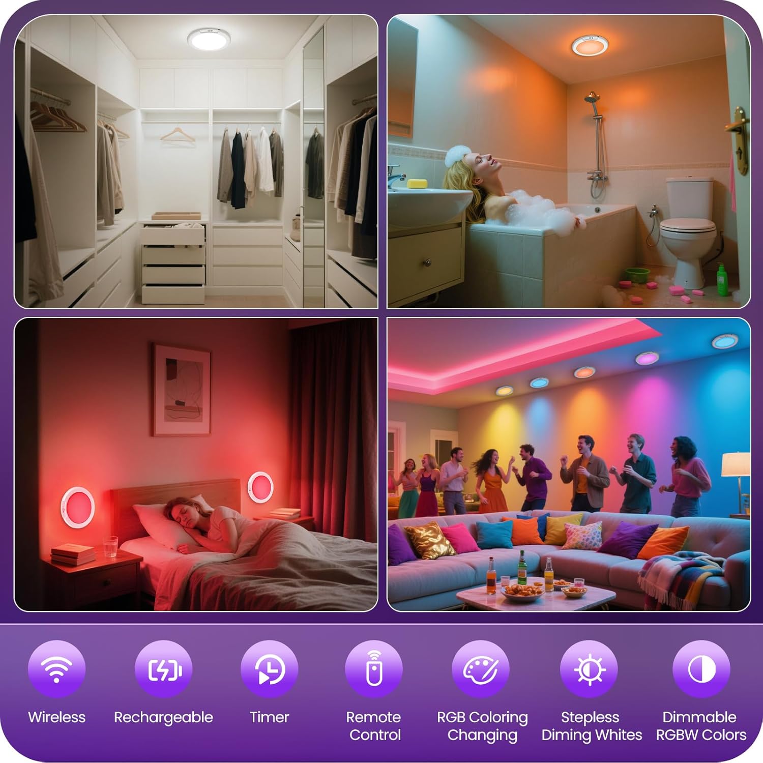 💡 Rechargeable RGBW Shower Light with Remote | Magnetic Wireless Dimmable Motion Sensor Ceiling Light
