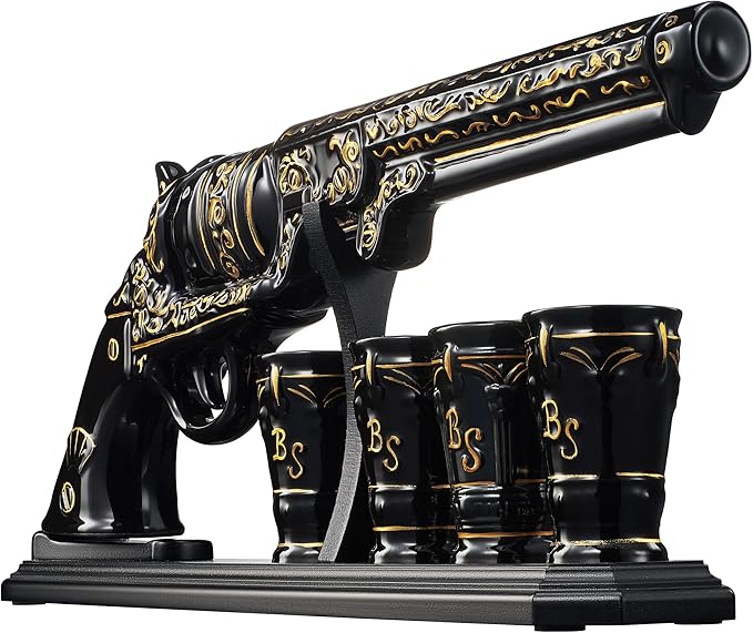 🔫🎁 Hand-Painted Gun Shaped Whiskey Decanter Set Black & Gold