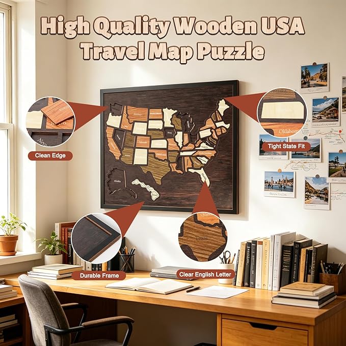 🗺️🌎 Wooden USA Travel Map Puzzle | US Journey Tracker Board