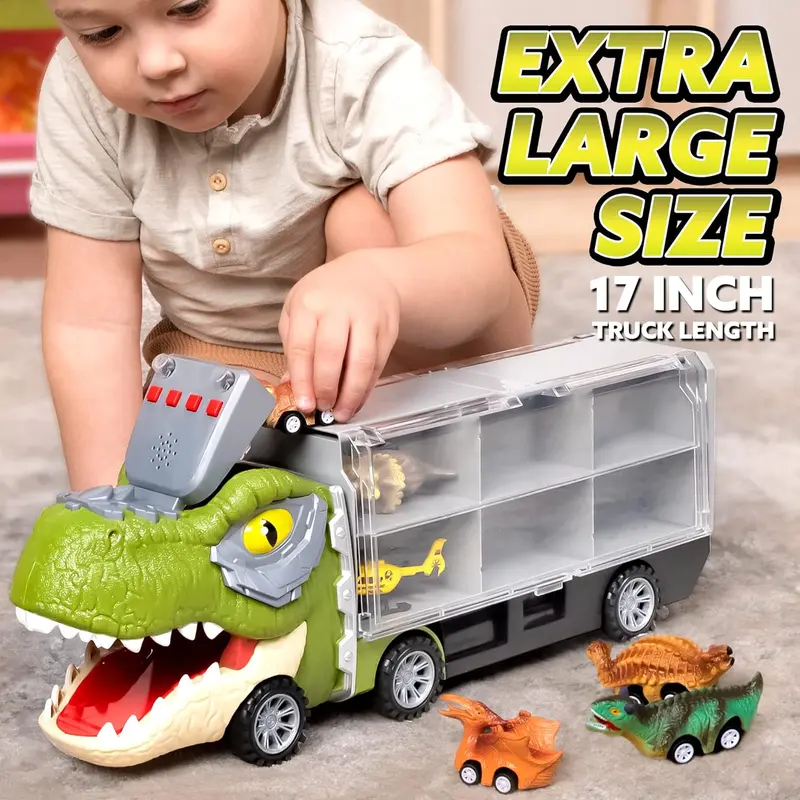 🦕 13-in-1 Dinosaur Transport Truck Set | 12 Pull Back Cars + 3 Alloy Cars for Boys 3+