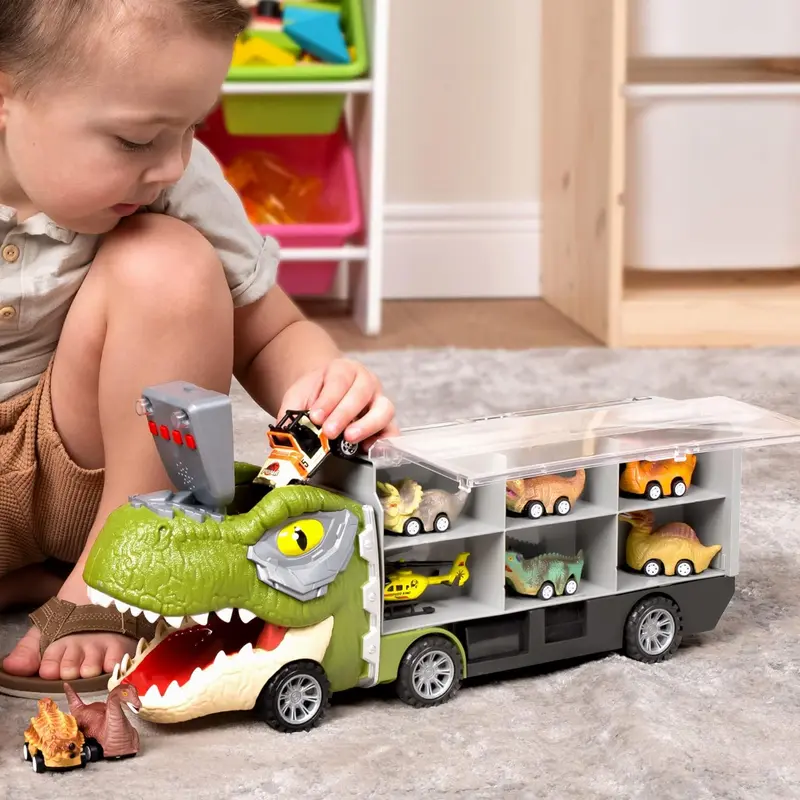 🦕 13-in-1 Dinosaur Transport Truck Set | 12 Pull Back Cars + 3 Alloy Cars for Boys 3+