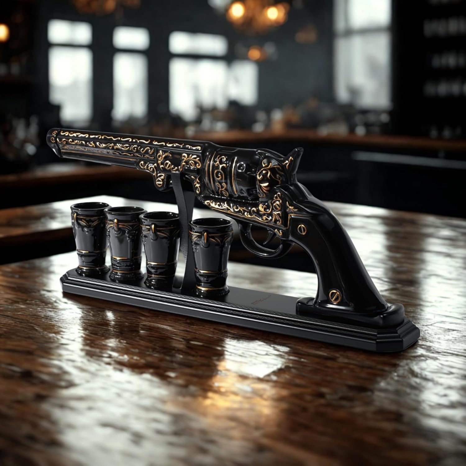 🔫🎁 Hand-Painted Gun Shaped Whiskey Decanter Set Black & Gold