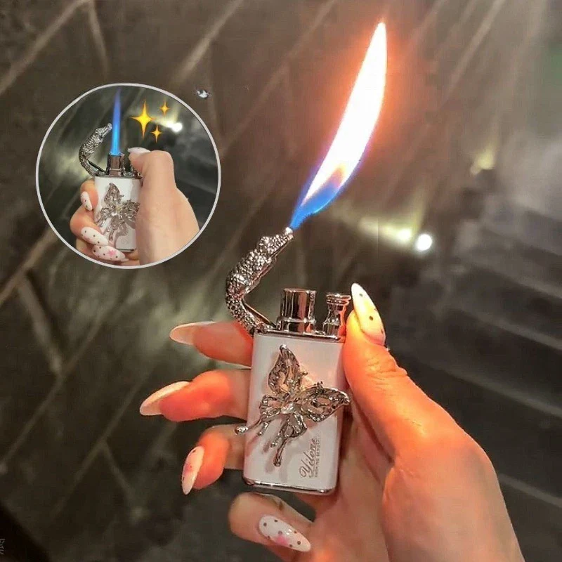 🪽 Angel's Wing Vintage Dual-Flame Lighter - Ornate Metal Lighter with Inlaid Gem