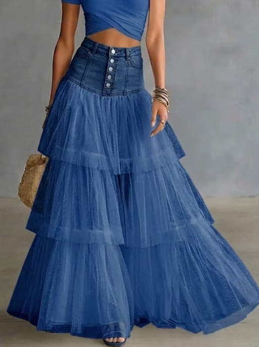 👗 Fashion Spliced Mesh Denim Skirt | Casual Zipper Front Denim Skirt