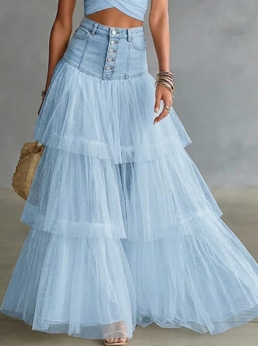 👗 Fashion Spliced Mesh Denim Skirt | Casual Zipper Front Denim Skirt