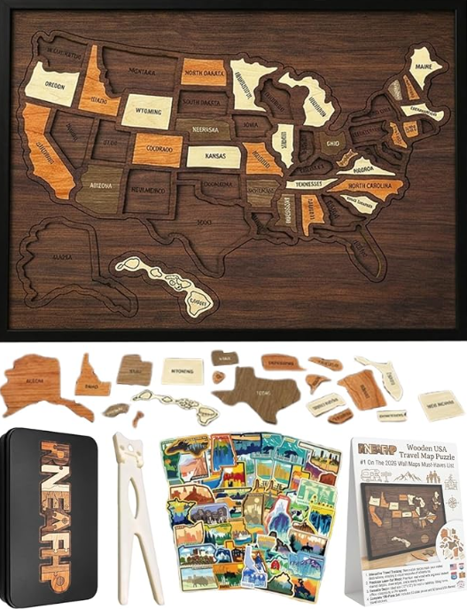 🗺️🌎 Wooden USA Travel Map Puzzle | US Journey Tracker Board