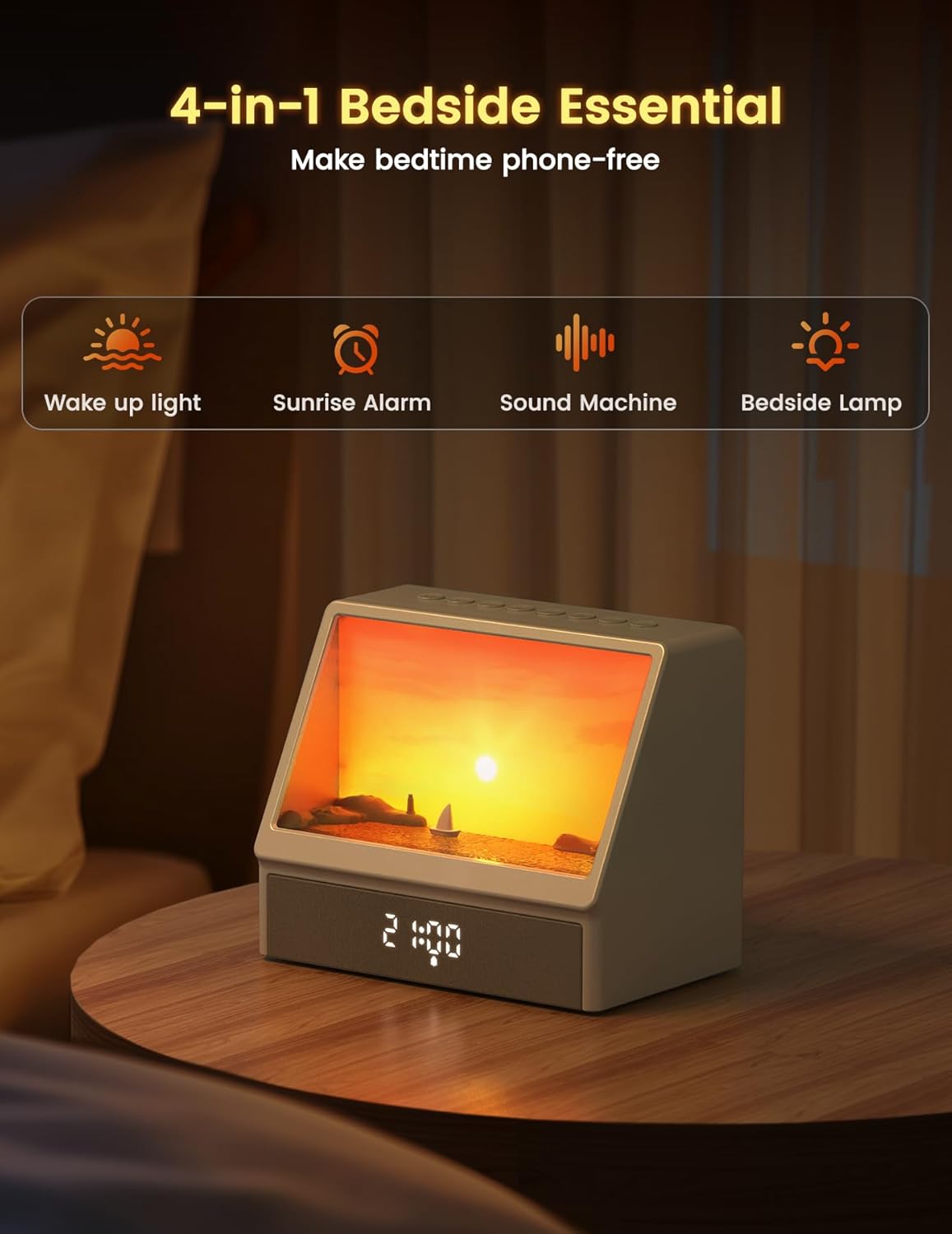🌅 Sunrise Alarm Clock for Heavy Sleepers - White Noise, Bluetooth & Dimmable Night Light