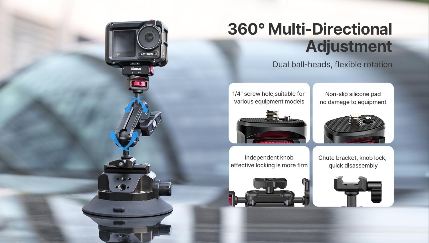 适用于 GoPro 的相机吸盘支架 - ULANZI SC-02 4.5 英寸泵动式真空吸盘支架，带快拆 NATO 魔术臂，适用于汽车、船舶、挡风玻璃、窗户，兼容 GoPro、尼康、佳能、索尼单反相机