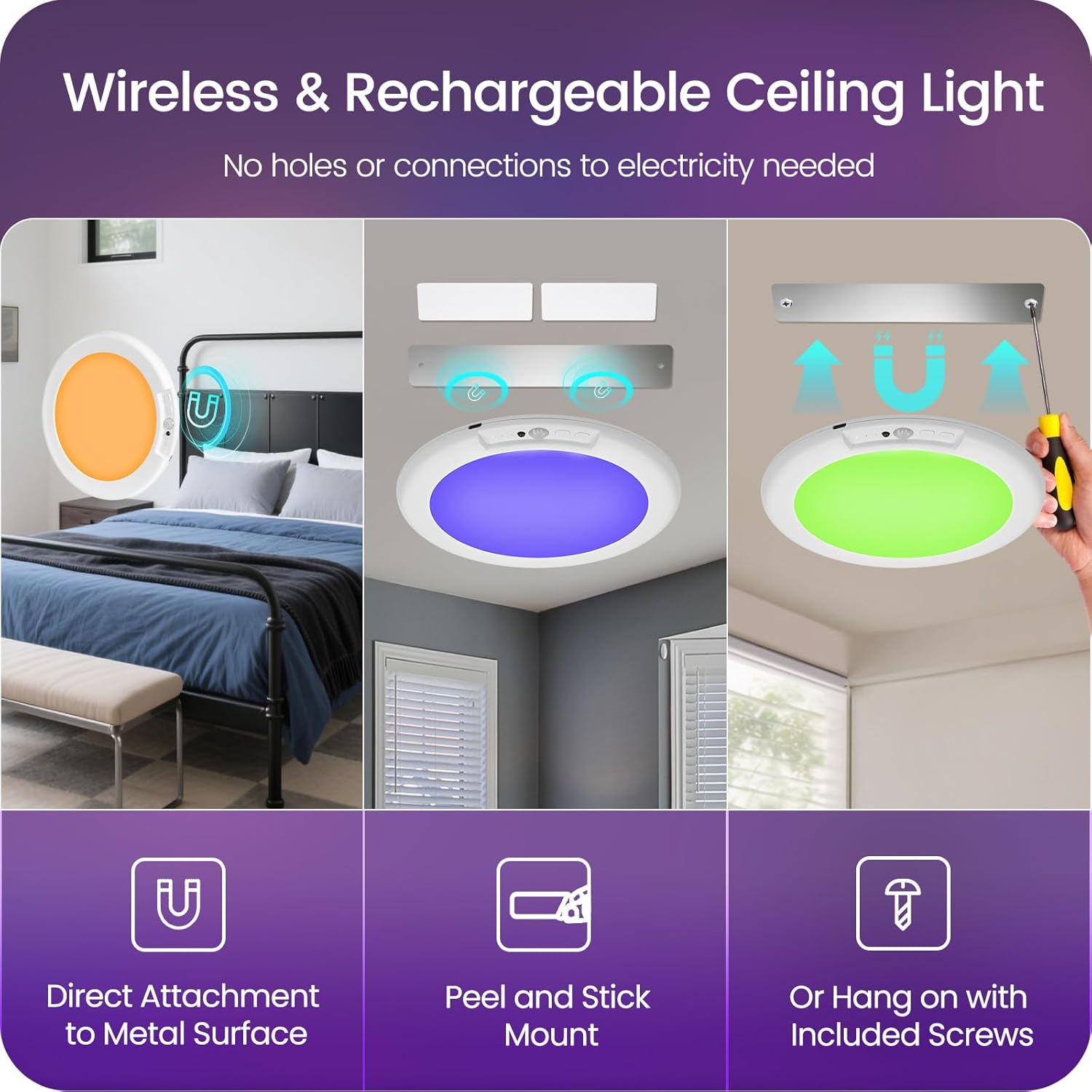 💡 Rechargeable RGBW Shower Light with Remote | Magnetic Wireless Dimmable Motion Sensor Ceiling Light