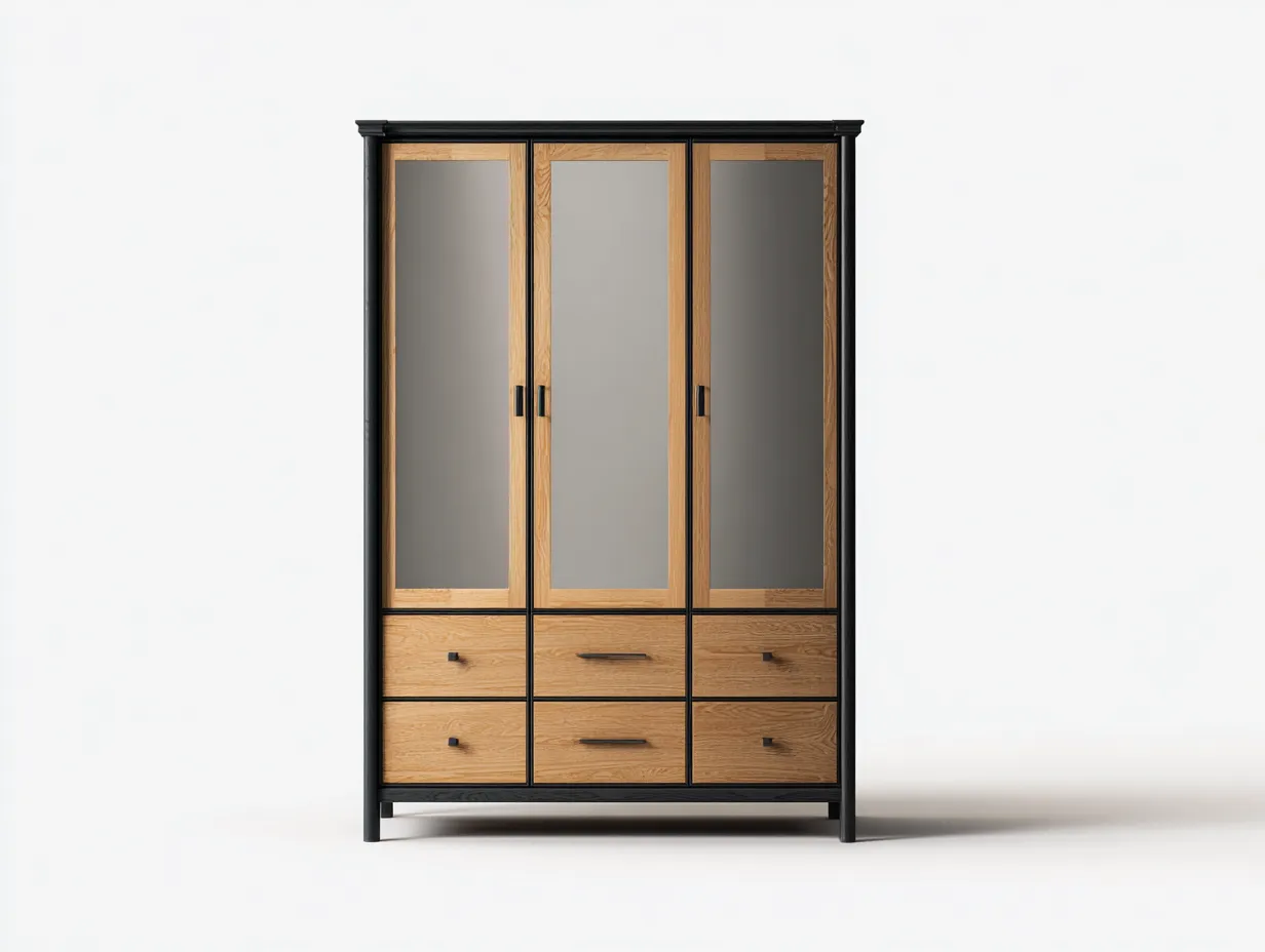 Kleiderschränke mit drei Türen - Holz-Glas-Spiegel - 142x60x198 cm - Natur-Schwarz - Moderner Stil-Loftmyhaus