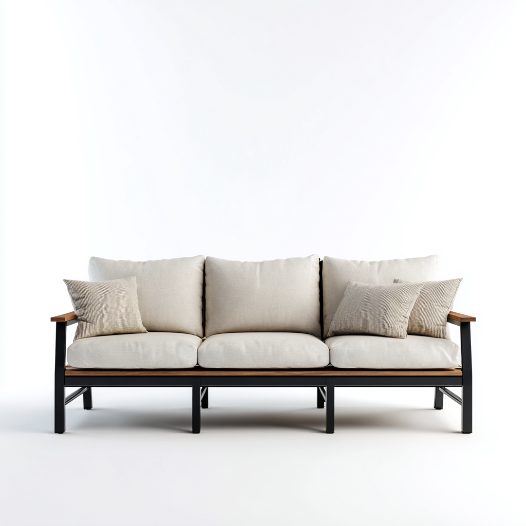 Gartensofa Metall-Holzrahmen Stoffpolster 191x82x86 cm - Schwarz-Holz-Beige - Modernes Outdoor Design-Oakupshop