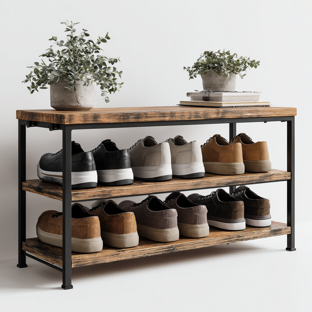 Schuhschrank Metall-Holz 80x30x55 cm - Schwarz-Braun - Modernes Design-Oakupshop