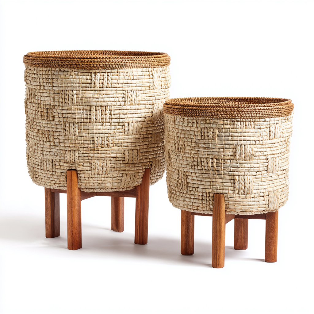 Pflanzgefäß Set - Geflechtmaterial und Gestell - 38x38x55 cm - Beige - Natürliches Design-Oakupshop