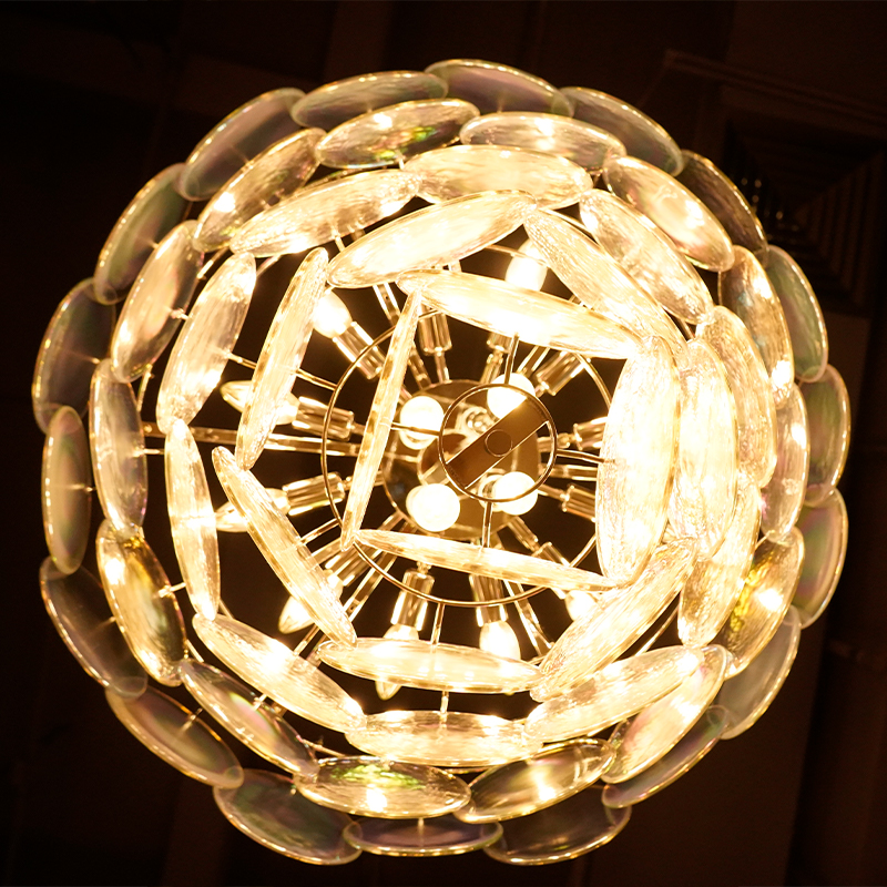 Elegant white translucent Murano glass disc chandelier