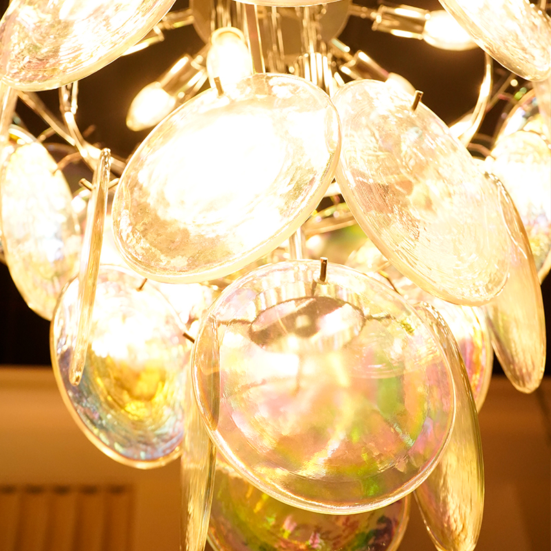 Elegant white translucent Murano glass disc chandelier