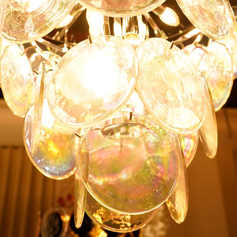 Elegant white translucent Murano glass disc chandelier