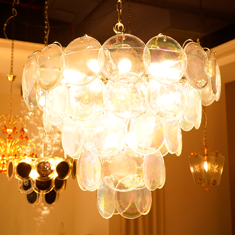 Elegant white translucent Murano glass disc chandelier