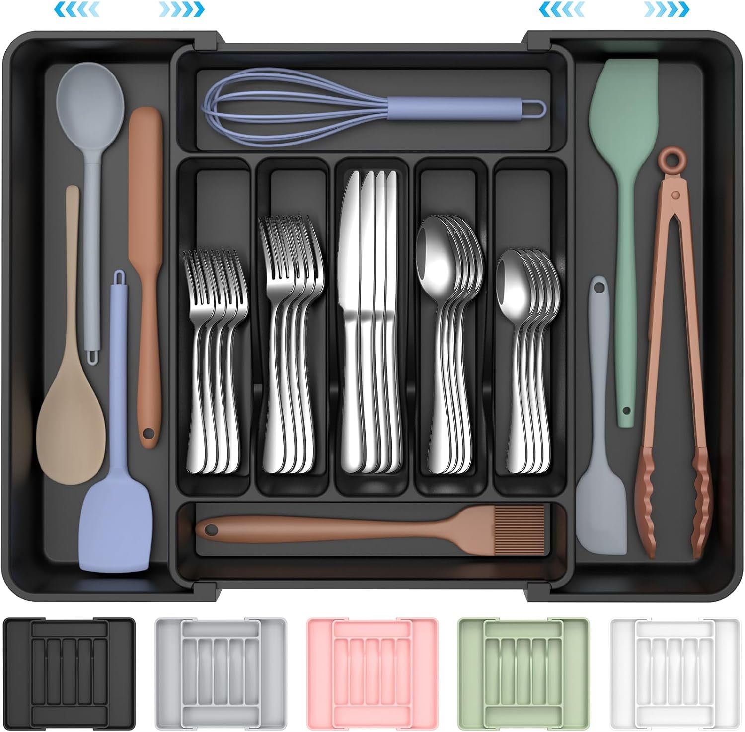 Extra Large Expandable Silverware Organizer, BPA-Free Food-Safe Cutlery Flatware Organizer, Kitchen Utensil Drawer Organizer, Adjustable Silverware Holder for Spoons Forks Knives, Black