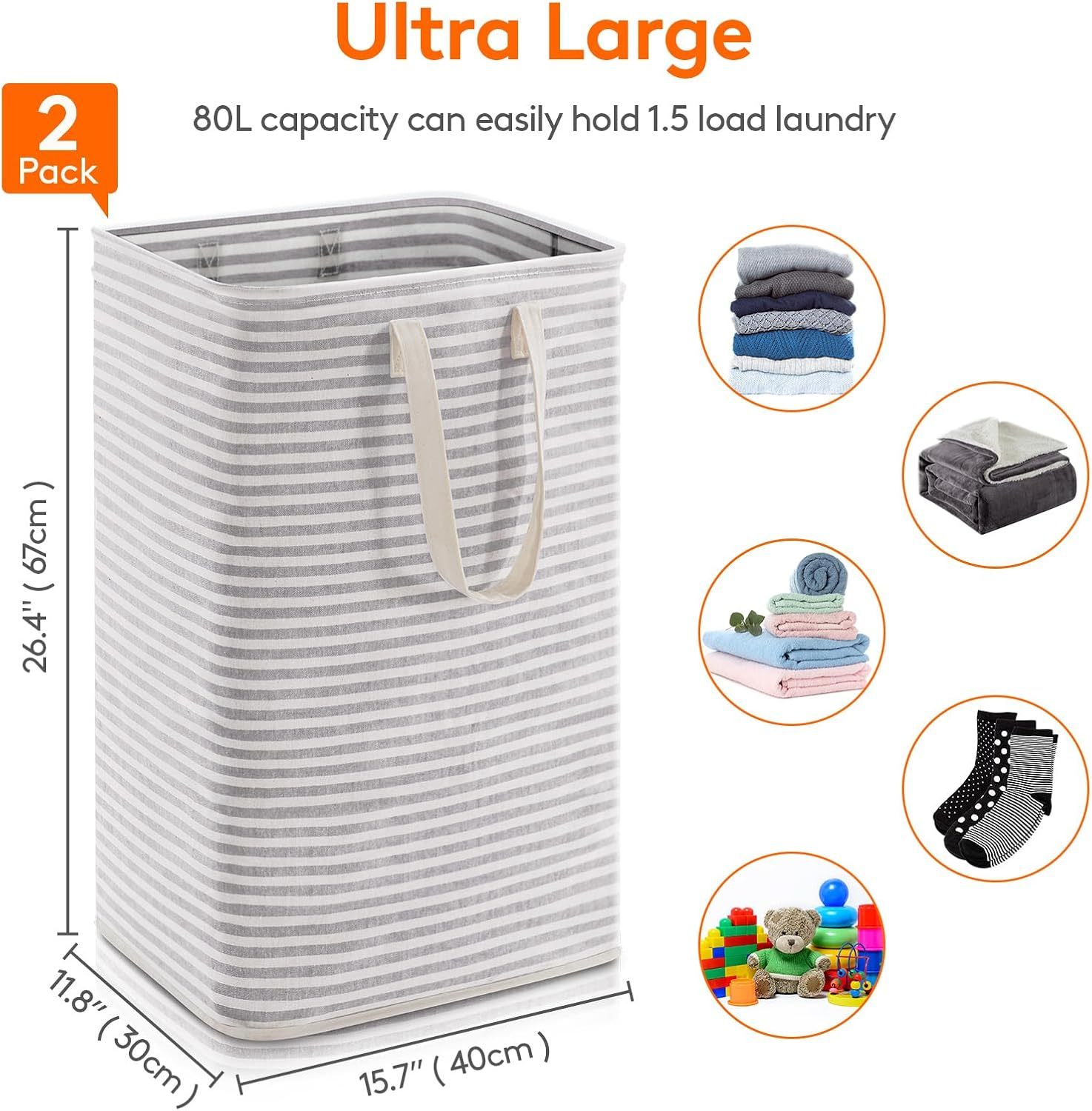 Lifewit 2 Pack Laundry Basket 80L Each, Collapsible Clothes Hamper with Reinforced Handles, Freestanding Waterproof Design for Bedroom and Laundry Room, Grey 160L Total
