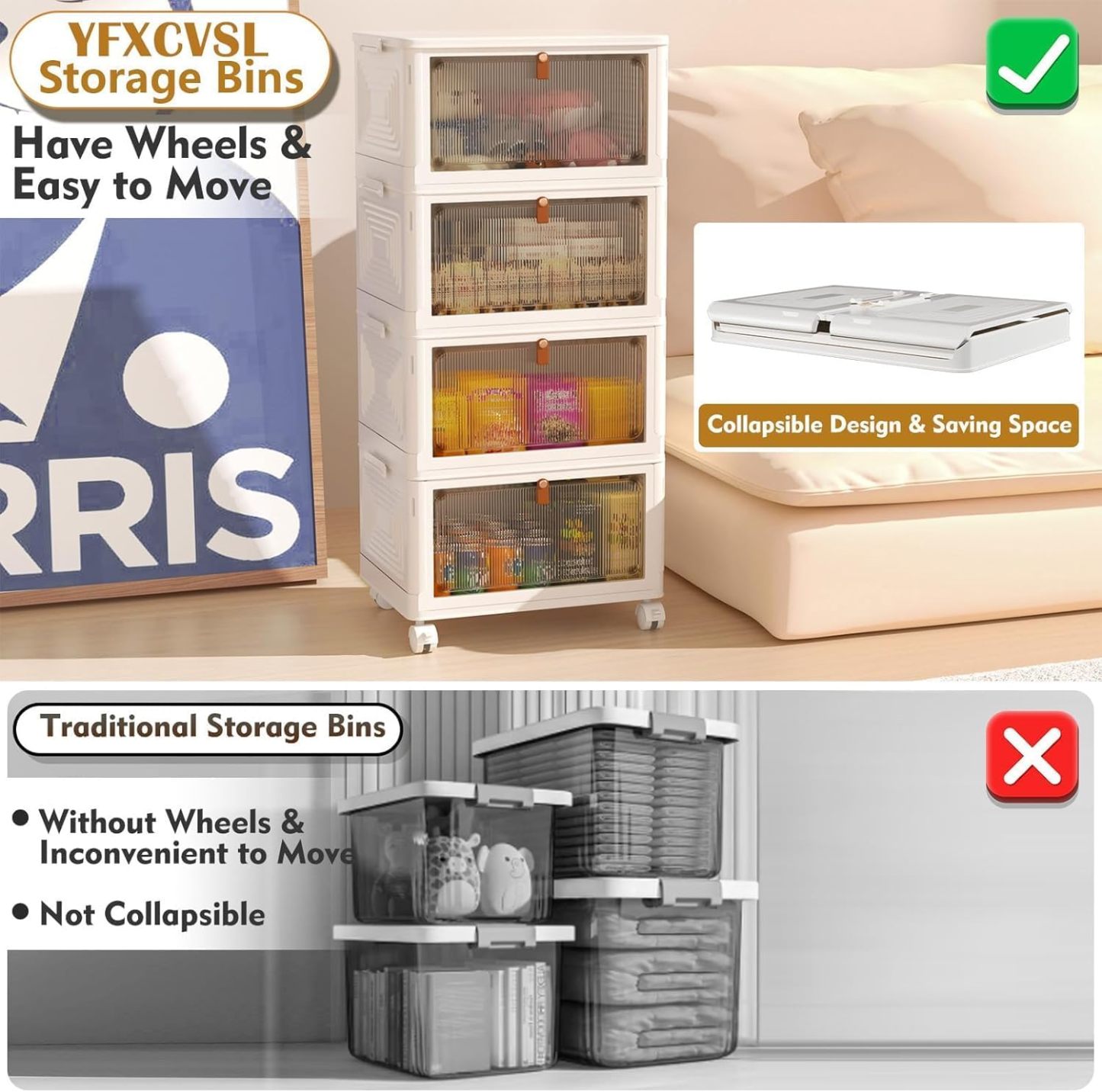 4 Tier Plastic Storage Bins with Lid 23QT, Stackable Storage Containers with Wheels, Folding Storage Boxes, Stackable Storage Bins, Organizers and Storage for Living Room,Office,Dorm