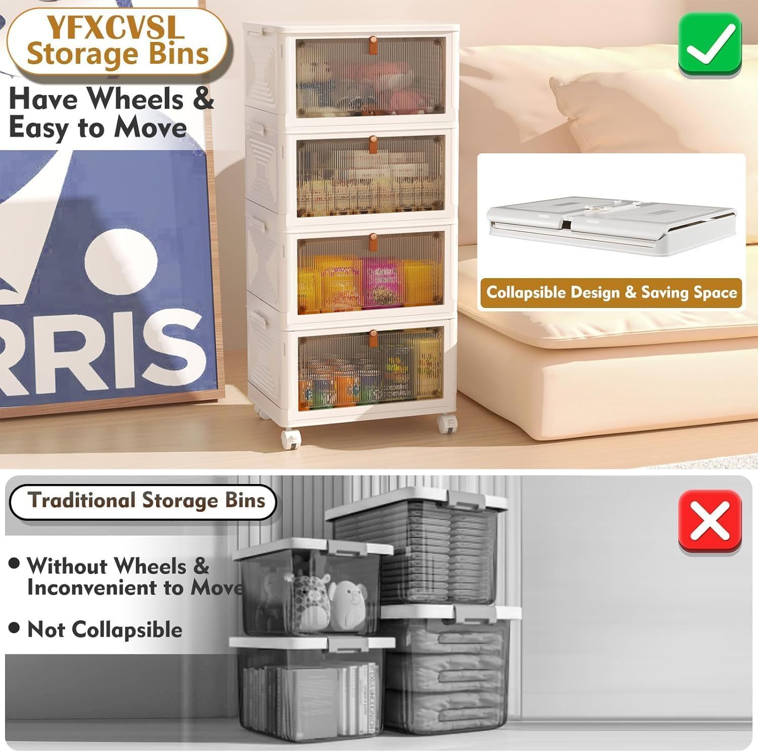 4 Tier Plastic Storage Bins with Lid 23QT, Stackable Storage Containers with Wheels, Folding Storage Boxes, Stackable Storage Bins, Organizers and Storage for Living Room,Office,Dorm