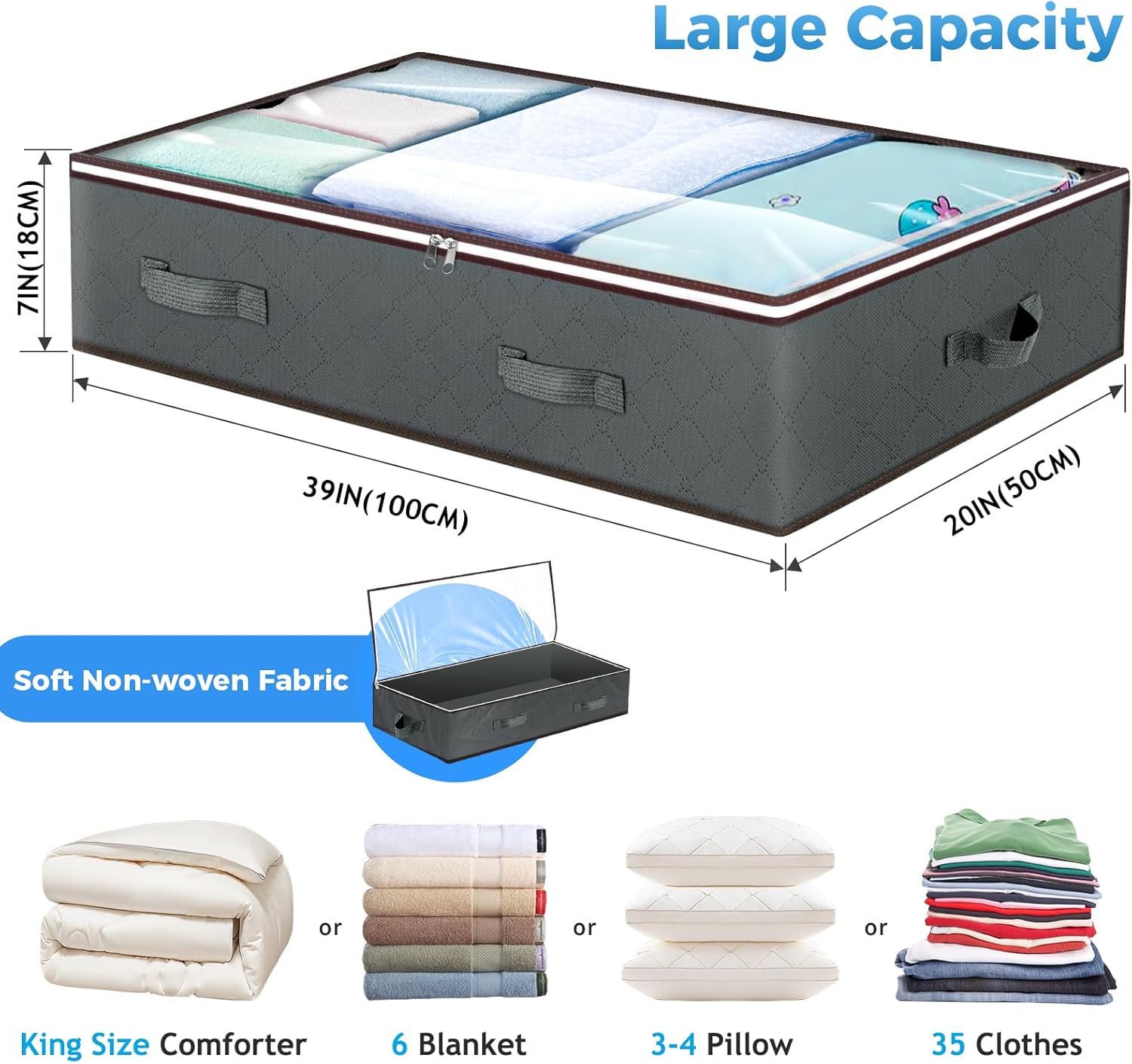 Budding Joy 90L Under Bed Storage Containers, Closet Organizers and Storage Bins, Foldable Underbed Storage Bags for Linen Sheets, Blanket, Clothing, Comforter, Sweaters, Pillows, Wrapping Paper, Grey