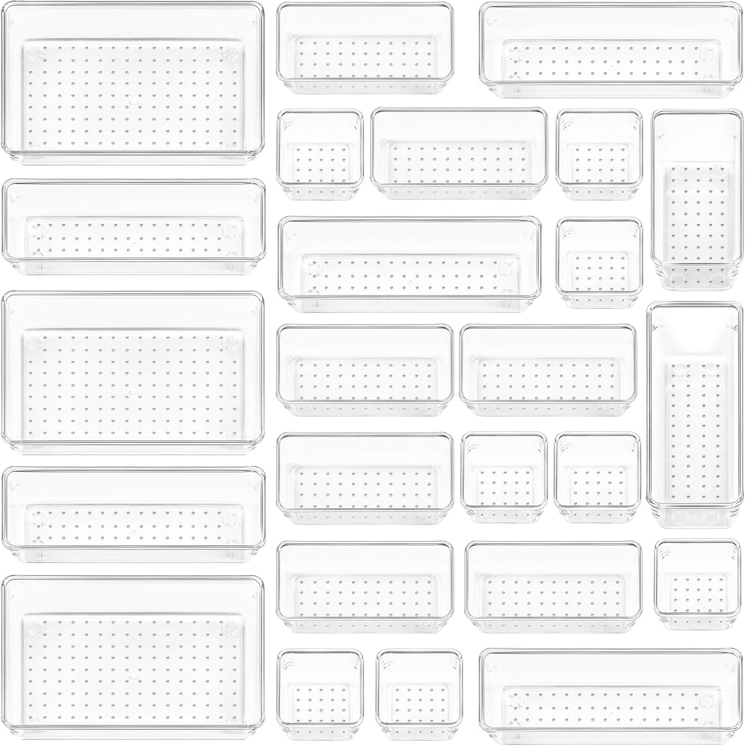 Vtopmart 25 PCS Clear Plastic Drawer Organizers Set, 4-Size Versatile Bathroom and Vanity Drawer Organizer Trays, Storage Bins for Makeup, Bedroom, Kitchen Gadgets Utensils and Office