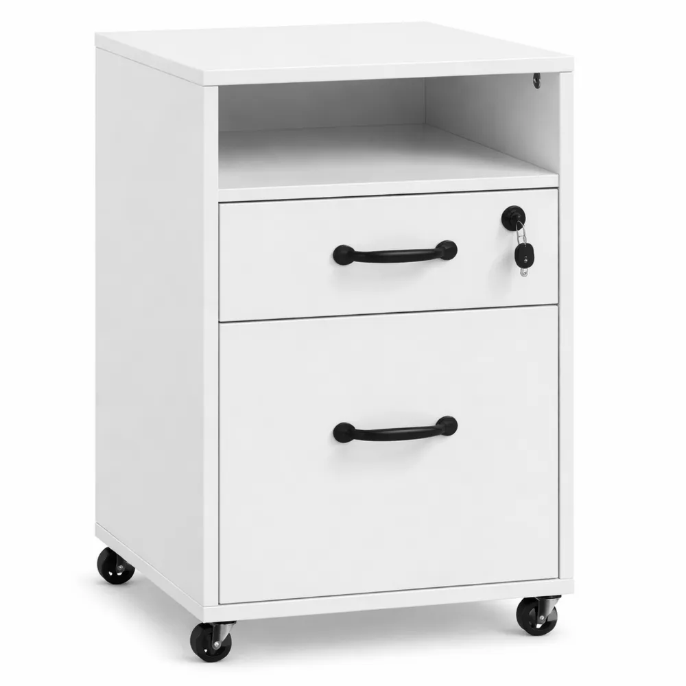 Armadietto da Ufficio con 2 Cassetti e Ruote, Ripiano Aperto, 40 x 40 x 65,5 cm, Portadocumenti A4 Bianco-Ladnhaus