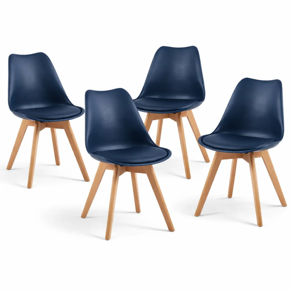 Set di 4 Sedie Ergonomiche per Sala da Pranzo o Ufficio, Seduta Imbottita in Similpelle, Gambe in Legno di Faggio, Colore Blu Scuro-Isabohaus