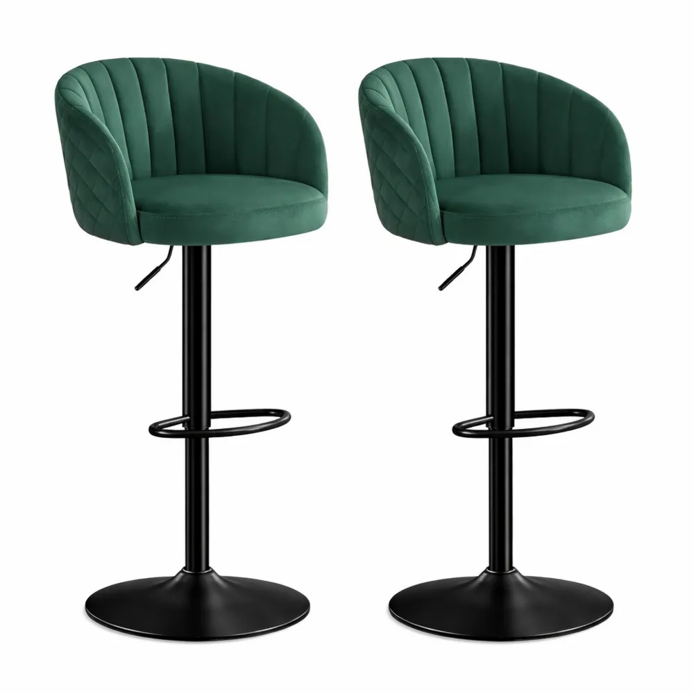 Set di 2 sgabelli da bar in velluto, altezza regolabile con schienale e braccioli, girevole a 360° con poggiapiedi, verde-Yorenest