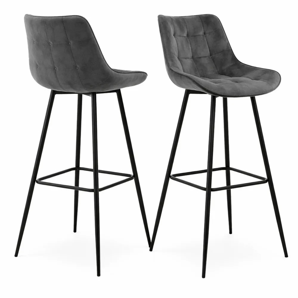 Set di 2 sgabelli da bar imbottiti in velluto grigio scuro con struttura in metallo-Yorenest