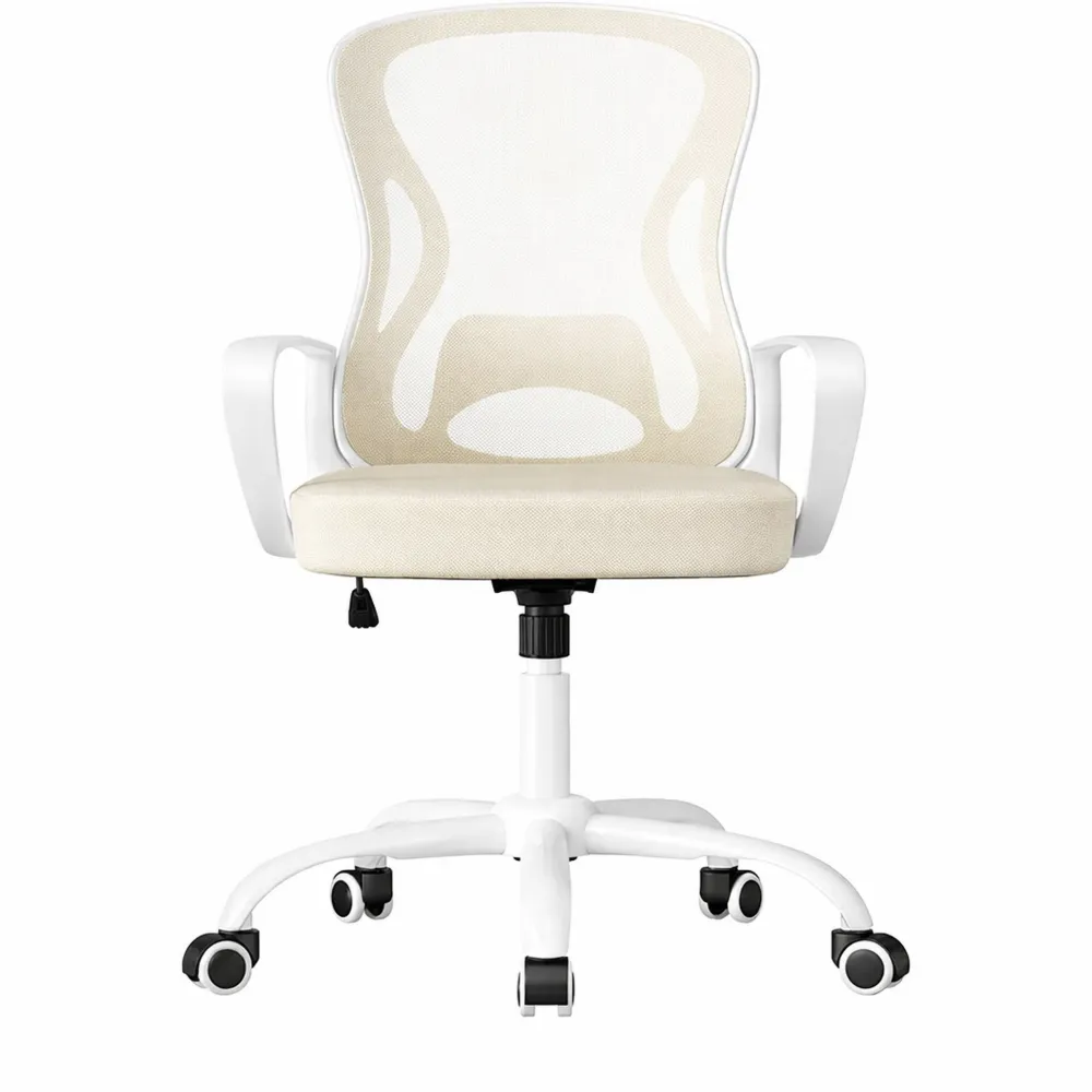 Sedia da Ufficio Ergonomica, Rete Traspirante, Supporto Lombare, Funzione Oscillante, Braccioli, Beige e Bianco-Yorenest