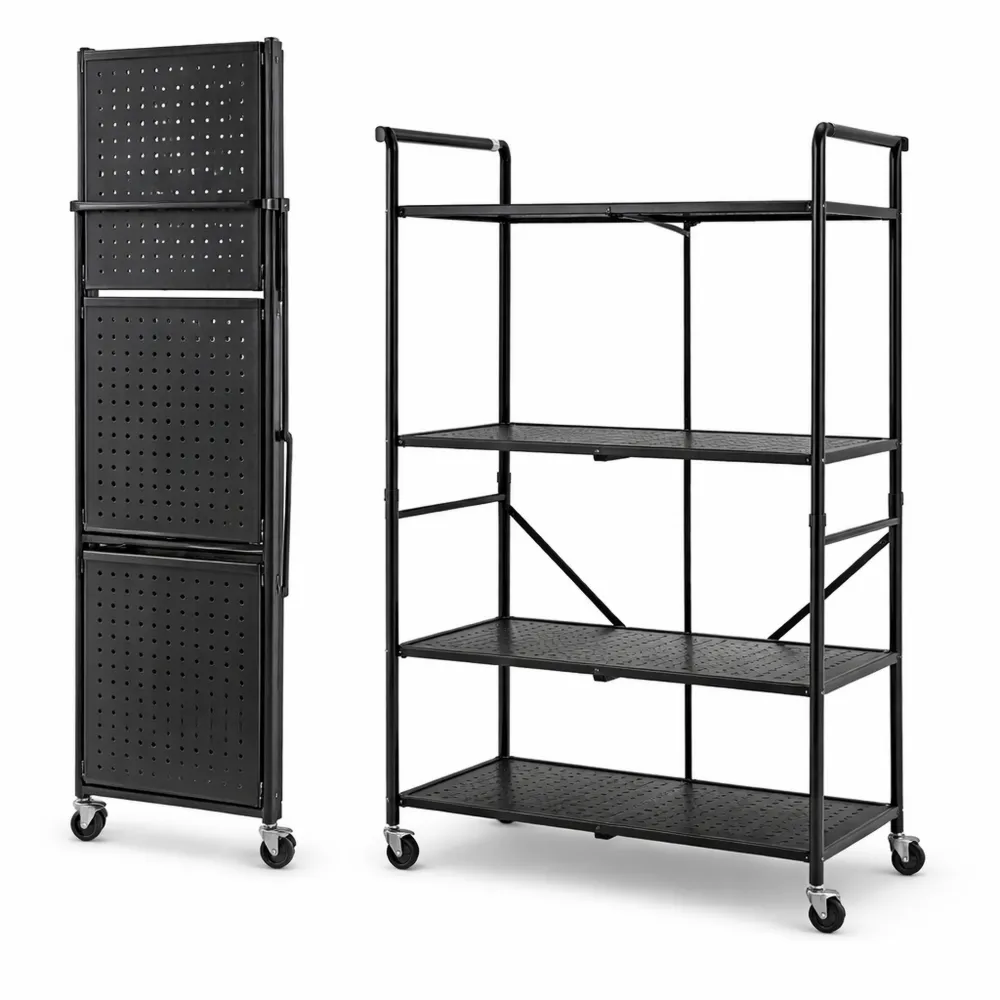 Carrello da cucina pieghevole a 3 livelli con ruote e freni, salvaspazio in metallo, nero-Yorenest