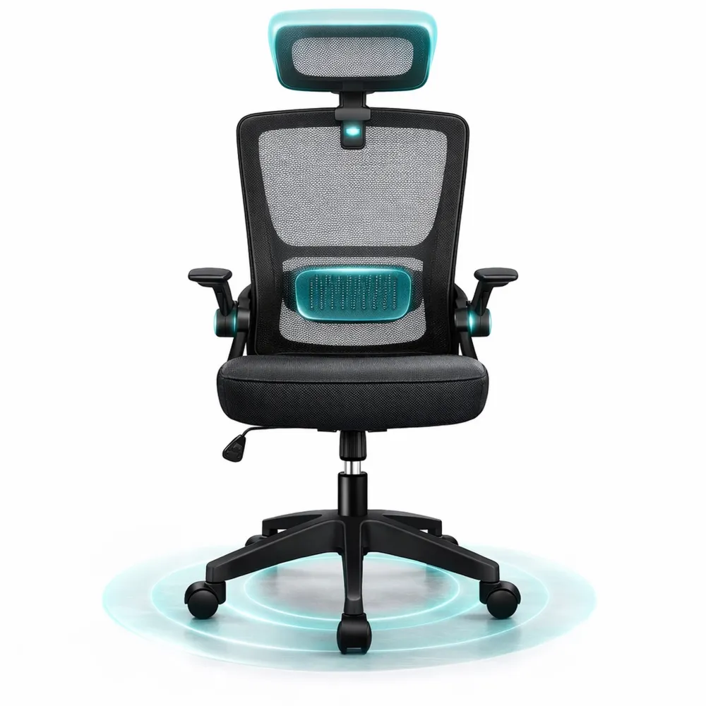 Chaise de bureau ergonomique avec appui-tête et accoudoirs pliables, maille respirante, noir