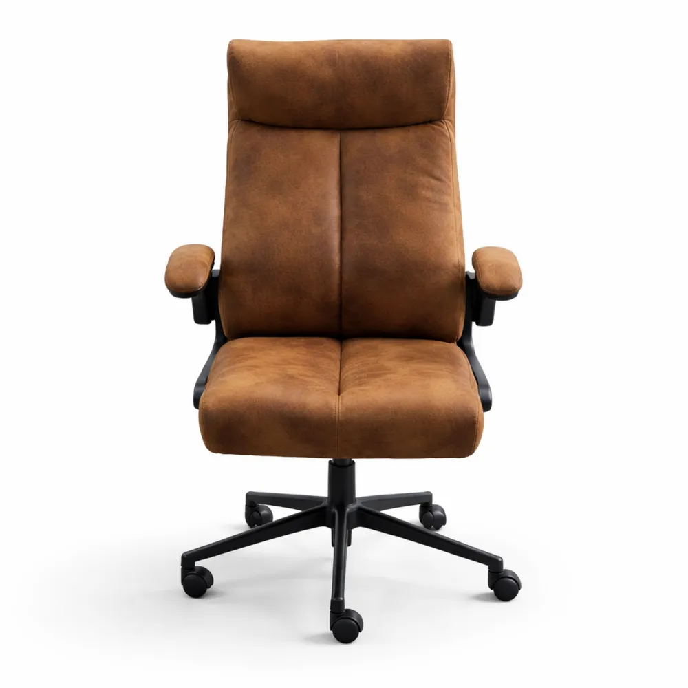 Chaise ergonomique avec accoudoirs repliables, siège pivotant et inclinable, roulettes multidirectionnelles, tissu marron